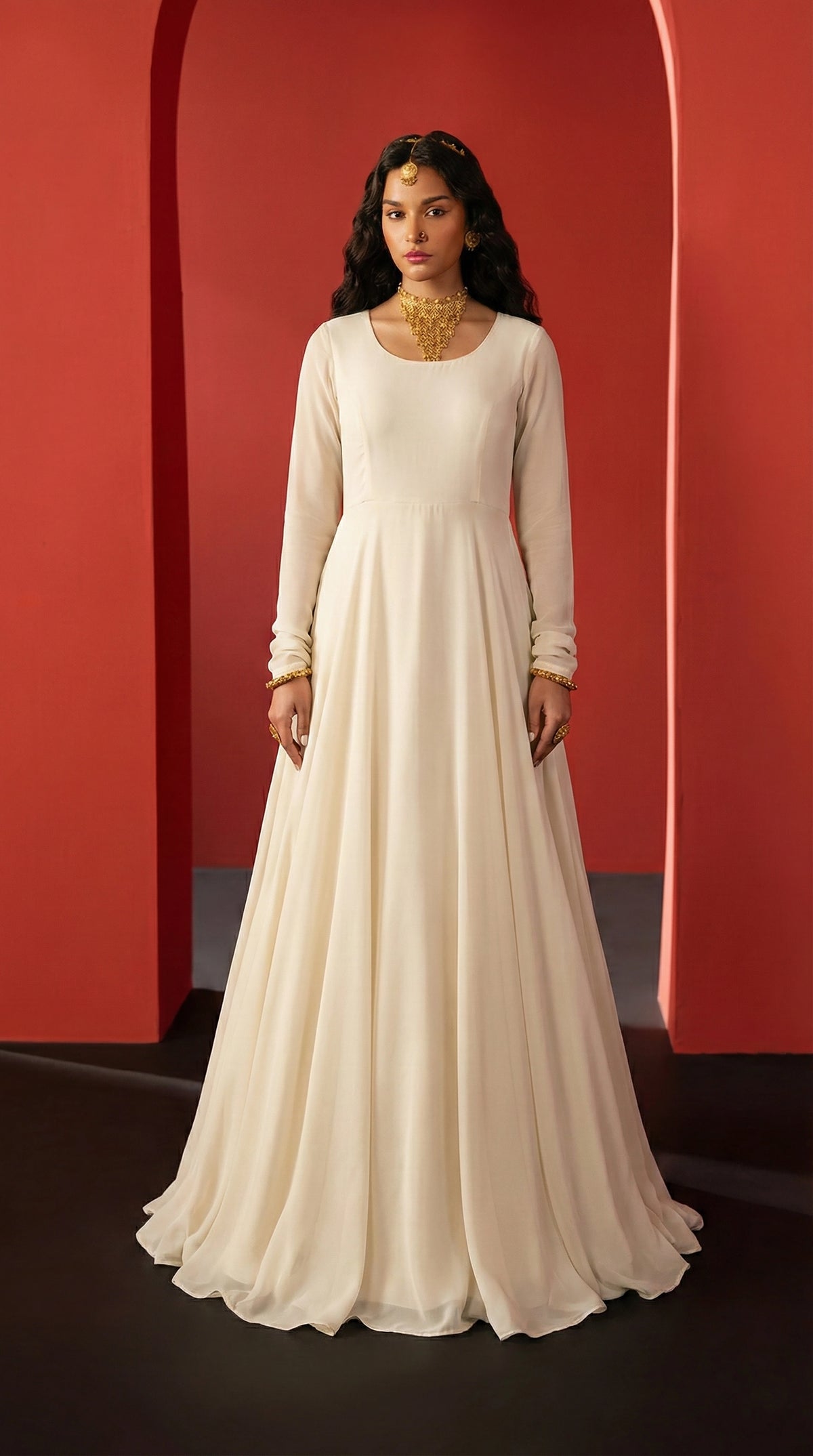 Ivory Cream Front Slit Chiffon Frock Set