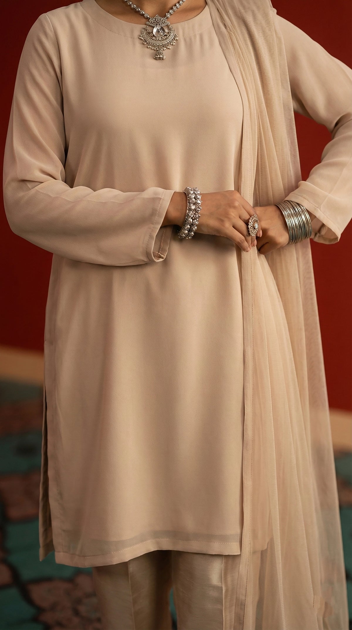 Nude Sand Front Slit Chiffon Frock Set – 3 Piece