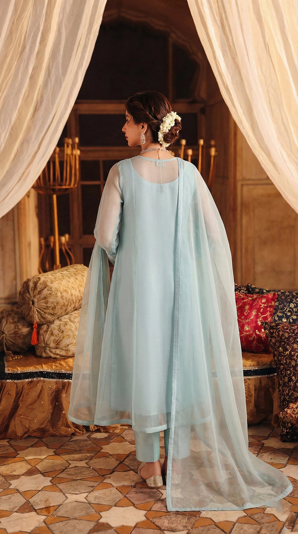 Rozaib Aqua Mist Soft Panel Long Dress – 3 Piece Set