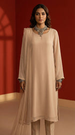 Nude Sand Front Slit Chiffon Frock Set – 3 Piece