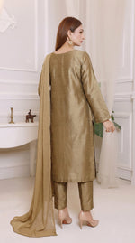 Antique Gold Luxury Chiffon Front Slit Frock Set – 3 Piece