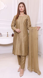 Antique Gold Luxury Chiffon Front Slit Frock Set – 3 Piece