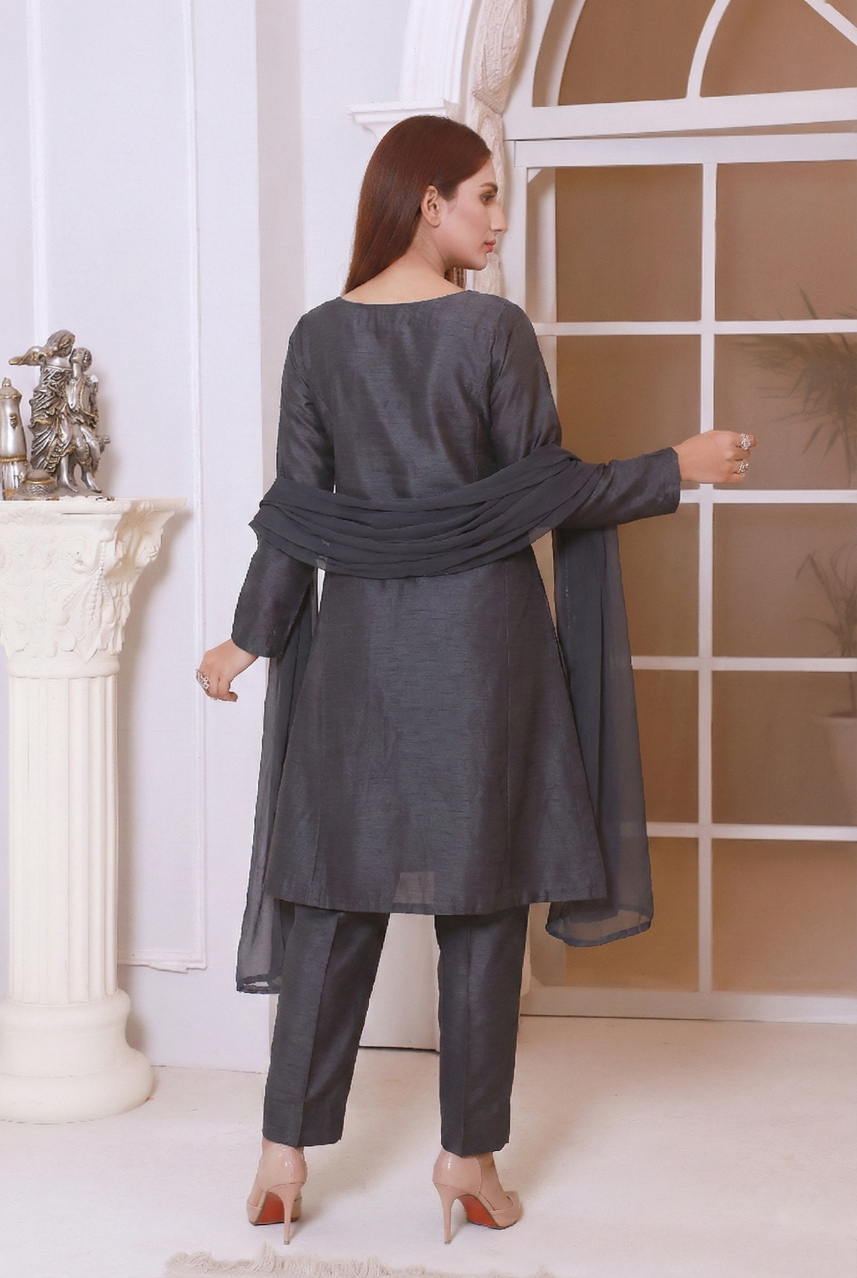 Deep Charcoal Front Slit Chiffon Frock Set