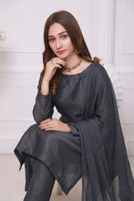 Deep Charcoal Front Slit Chiffon Frock Set