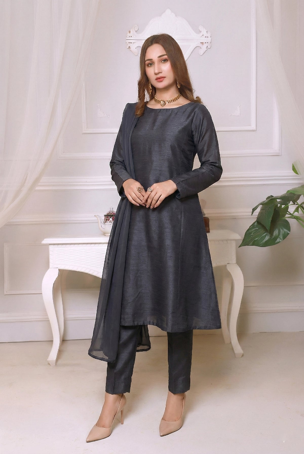 Deep Charcoal Front Slit Chiffon Frock Set