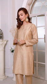 Warm Beige Elegant Front Slit Chiffon Frock Set
