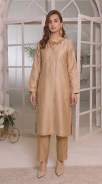 Warm Beige Elegant Front Slit Chiffon Frock Set