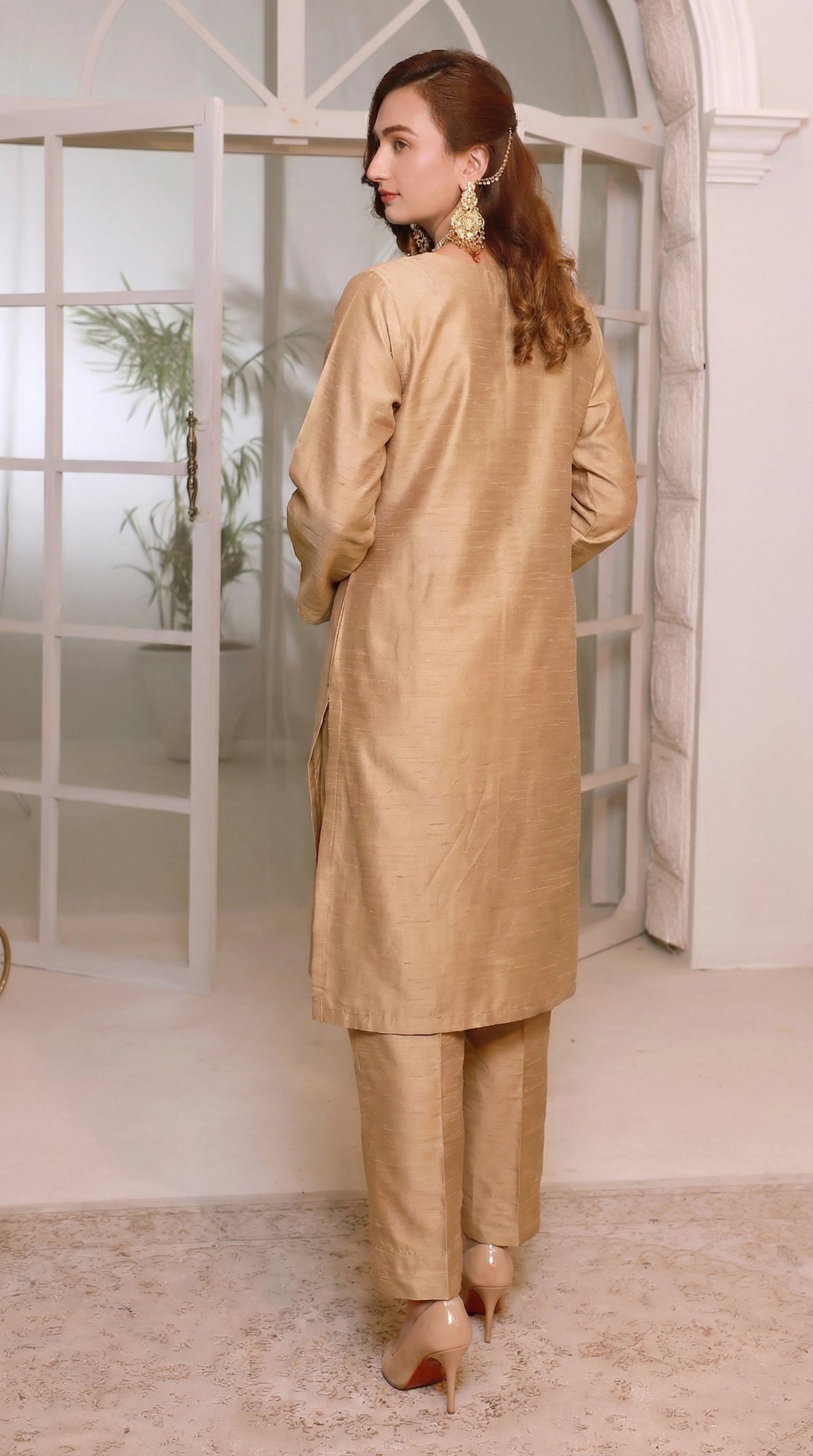 Warm Beige Elegant Front Slit Chiffon Frock Set