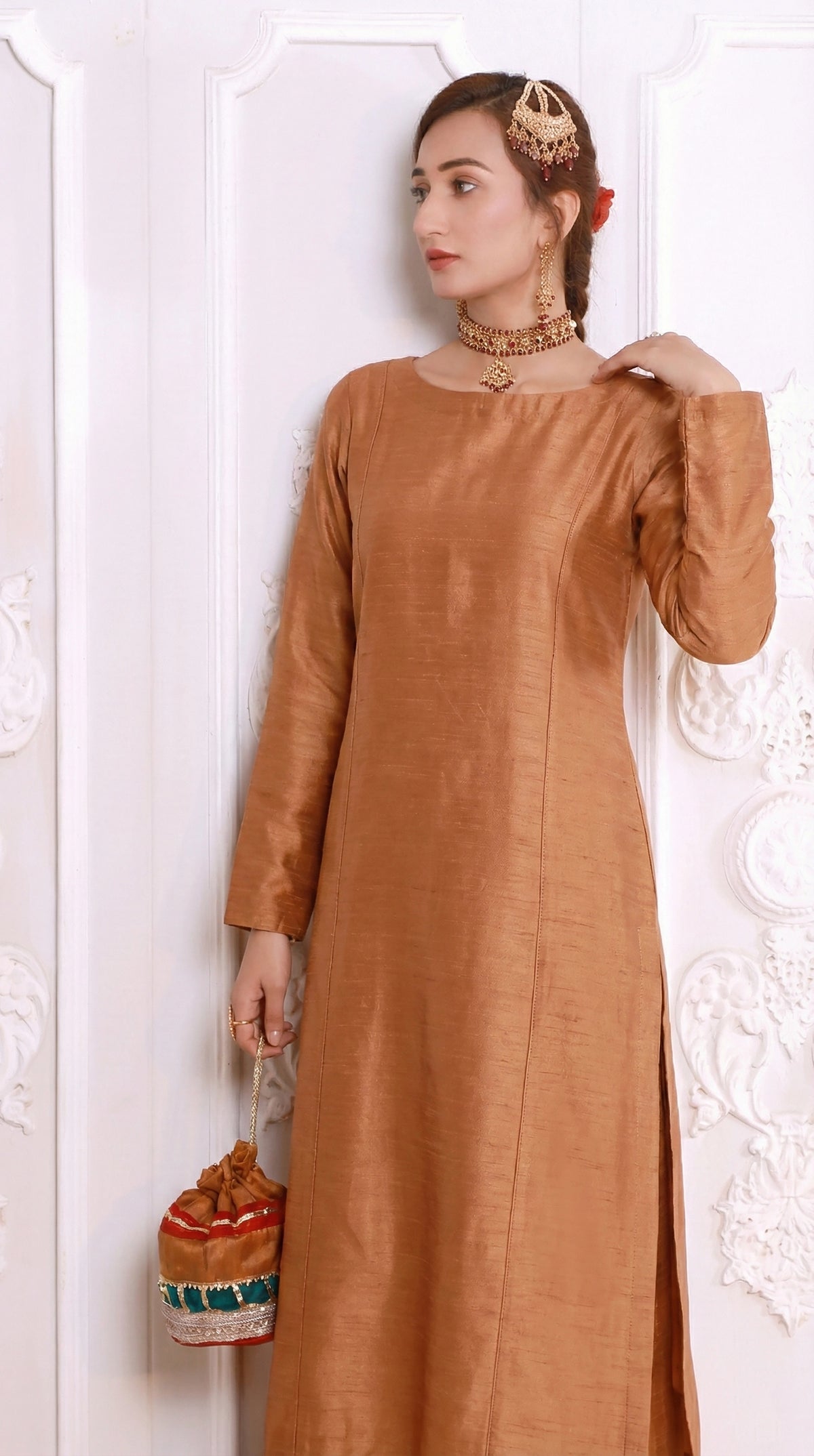 Soft Bronze Front Slit Chiffon Frock Set