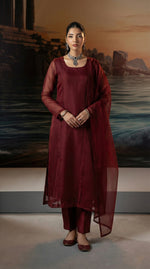 Dark Maroon Front Slit Chiffon Frock Set