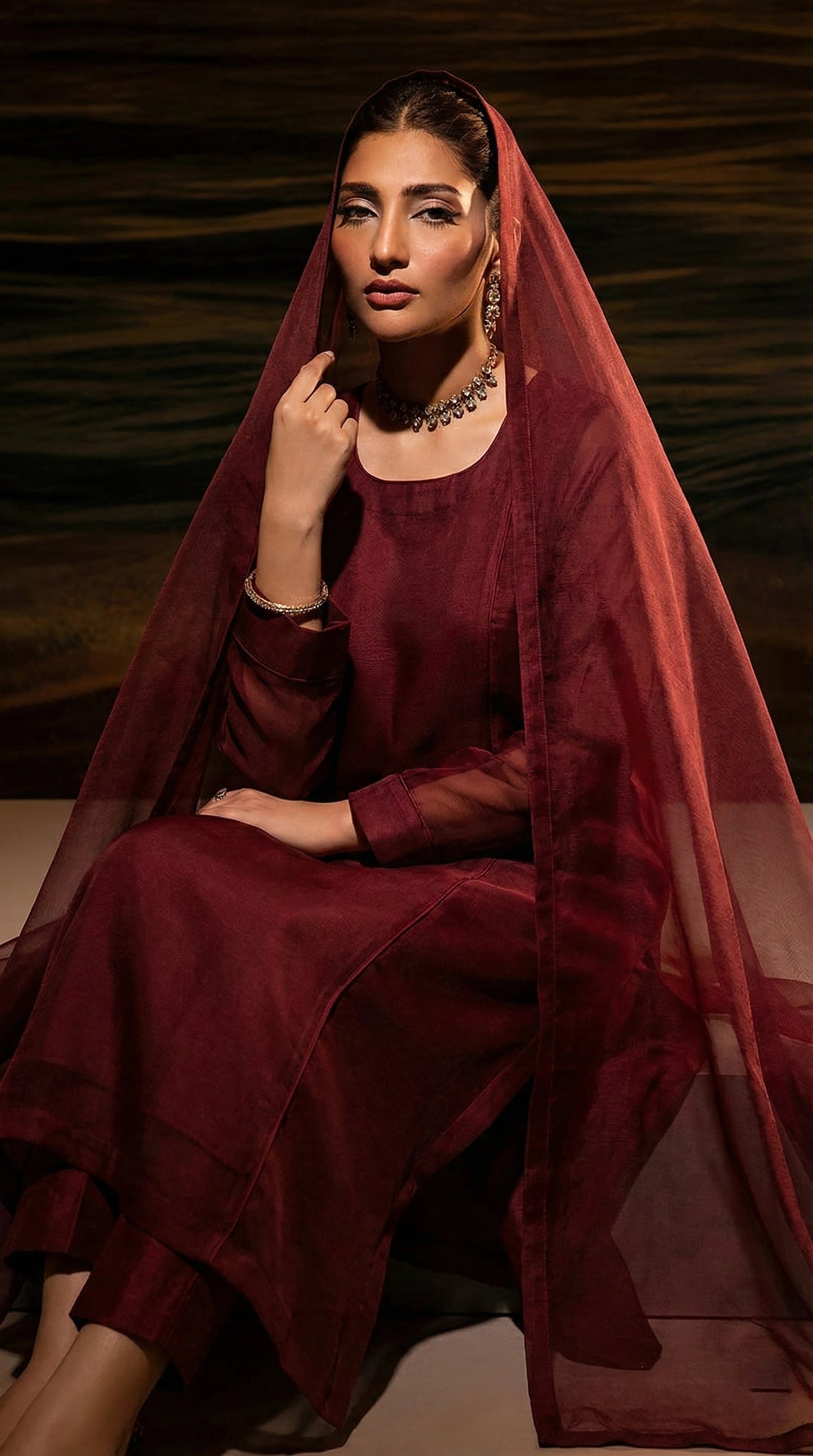 Dark Maroon Front Slit Chiffon Frock Set
