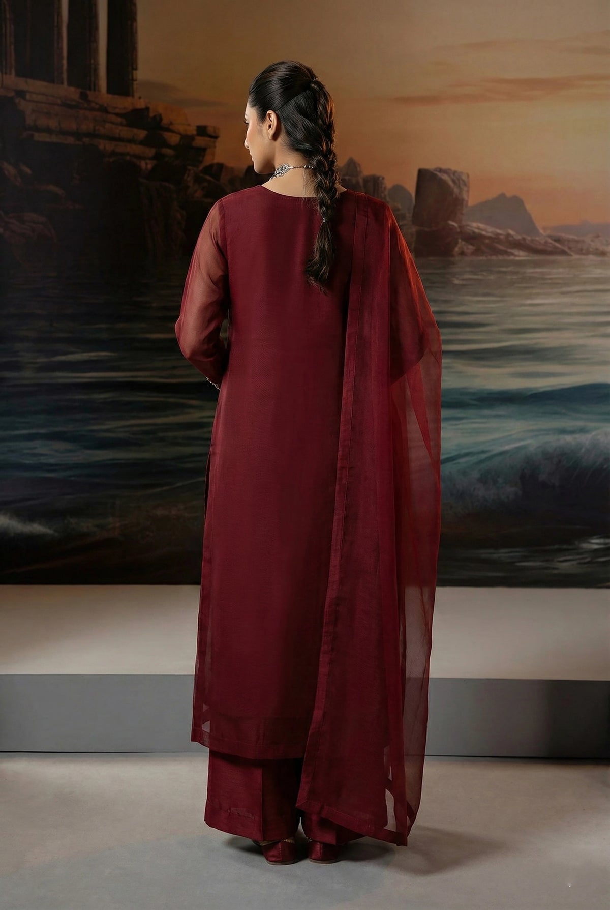 Dark Maroon Front Slit Chiffon Frock Set