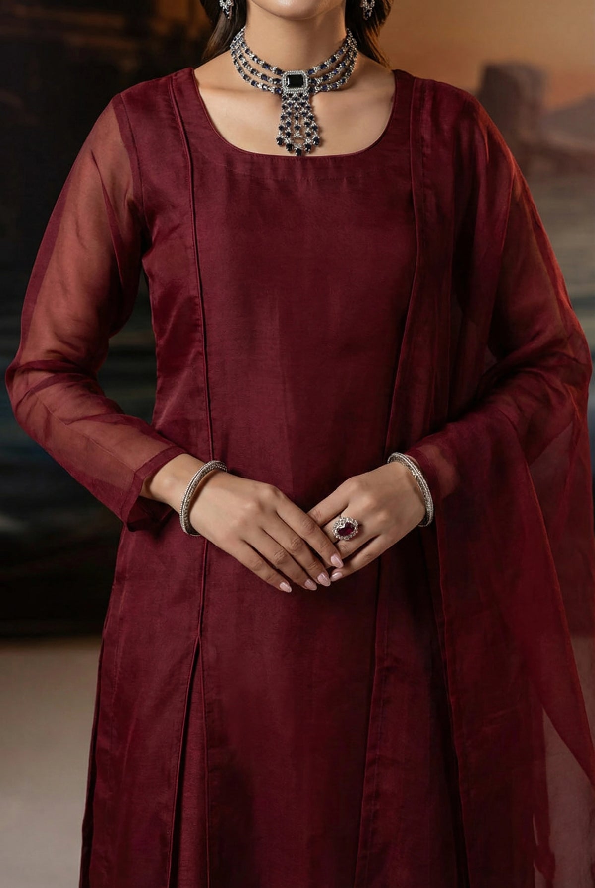 Dark Maroon Front Slit Chiffon Frock Set