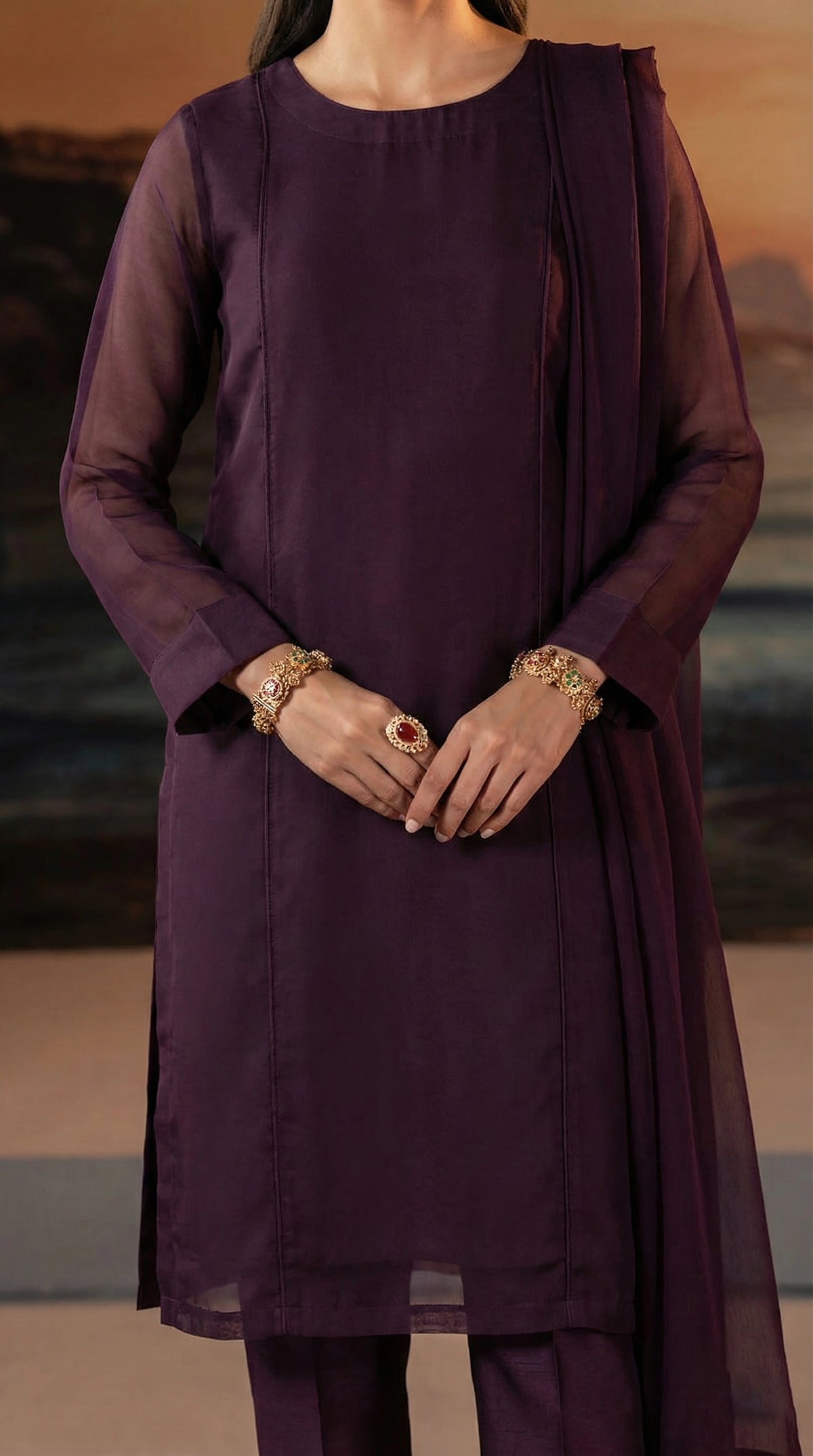 Dark Purple Chiffon Front Slit Frock Set