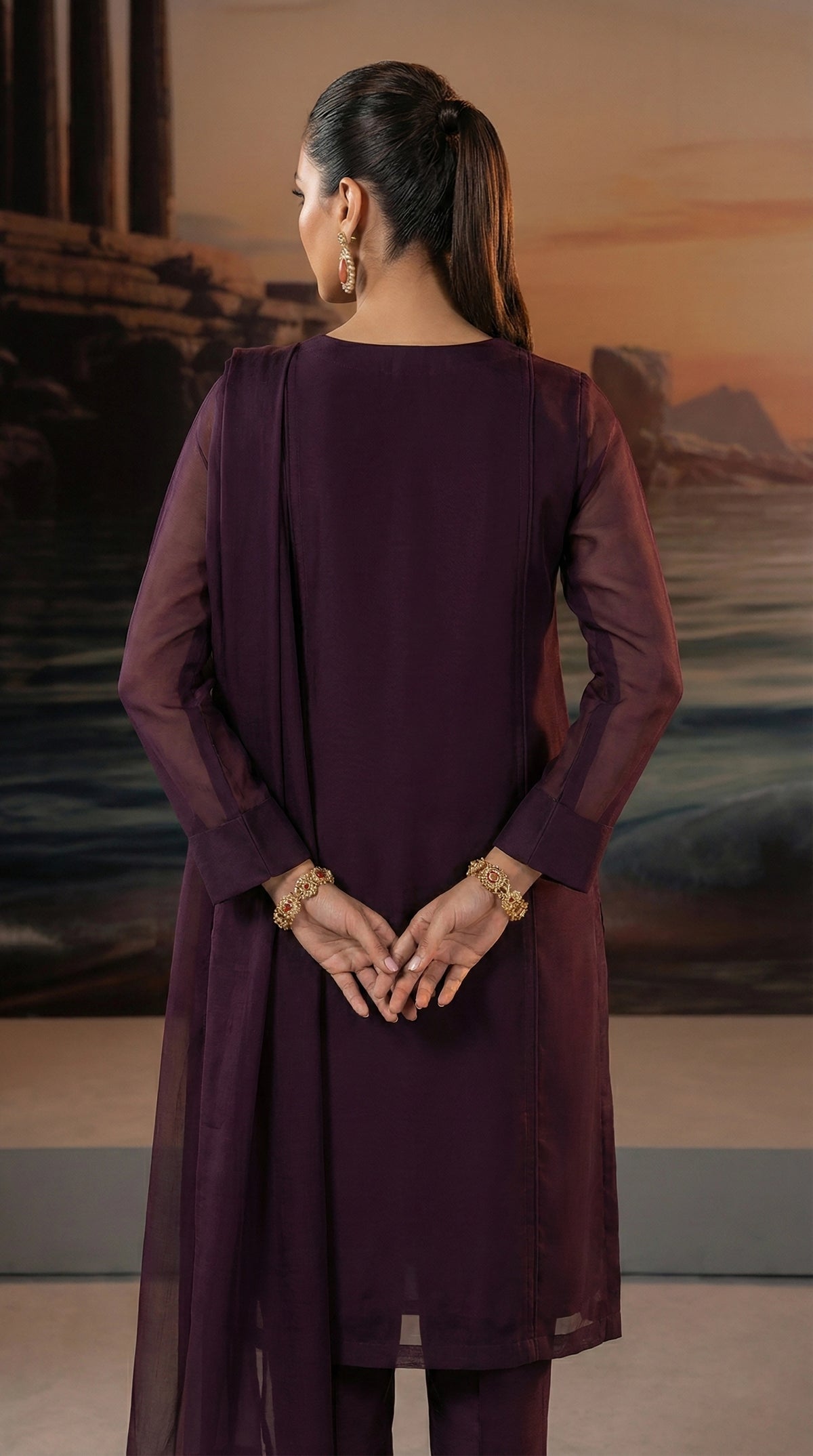 Dark Purple Chiffon Front Slit Frock Set
