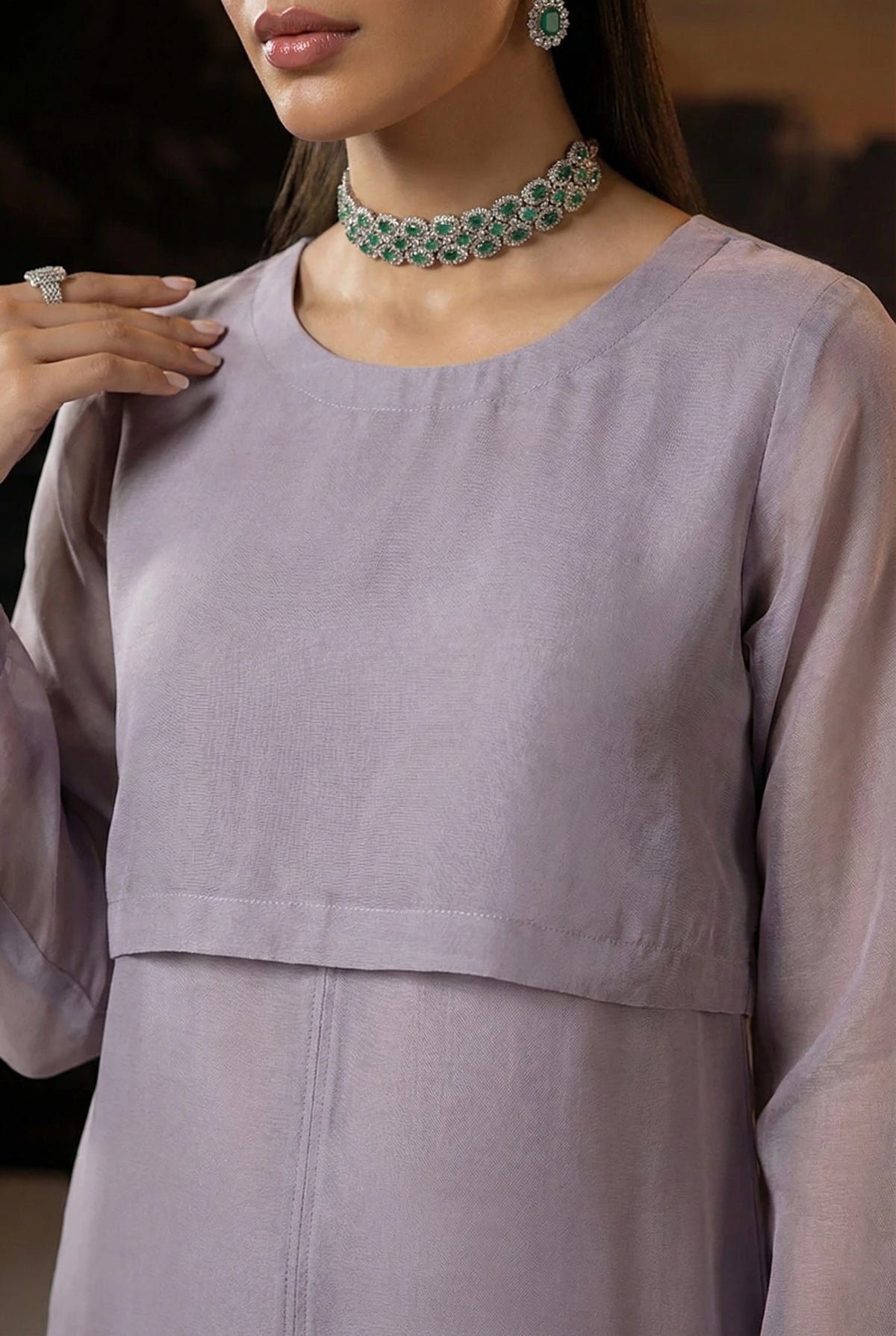 Purple Luxury Organza Front Slit Frock Set