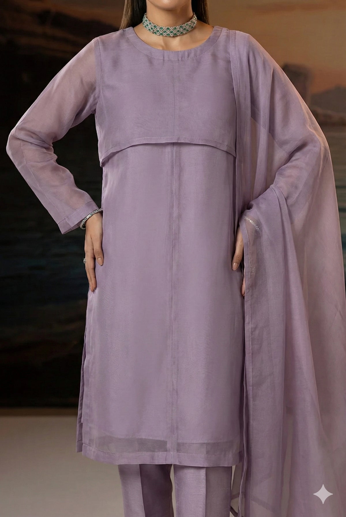 Purple Luxury Organza Front Slit Frock Set