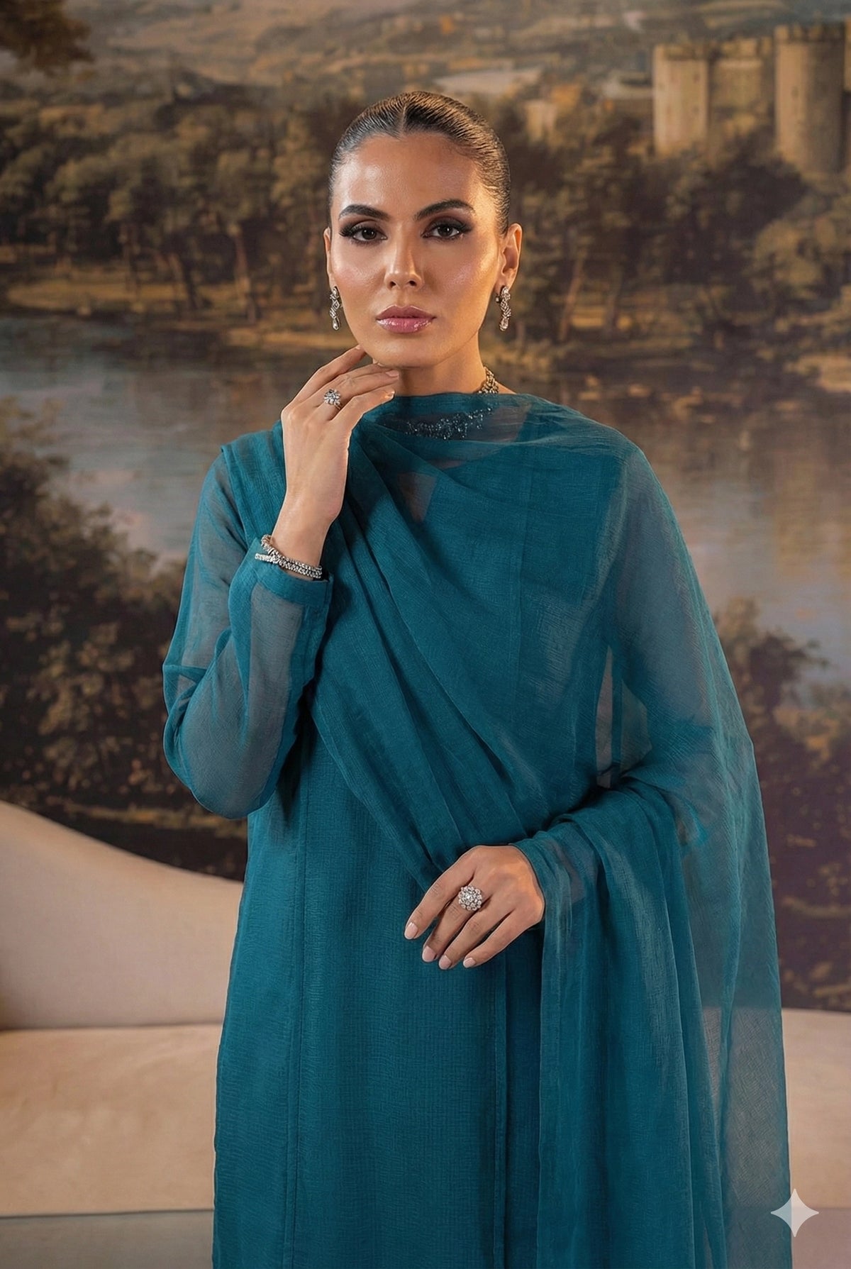 Teal Blue Front Slit Chiffon Frock Set – 3 Piece