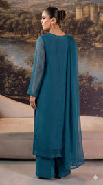 Teal Blue Front Slit Chiffon Frock Set – 3 Piece