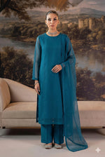 Teal Blue Front Slit Chiffon Frock Set – 3 Piece