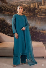 Teal Blue Front Slit Chiffon Frock Set – 3 Piece