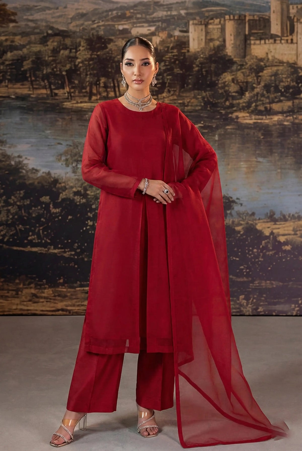 Ruby Red Elegant Front Slit Chiffon Frock Set