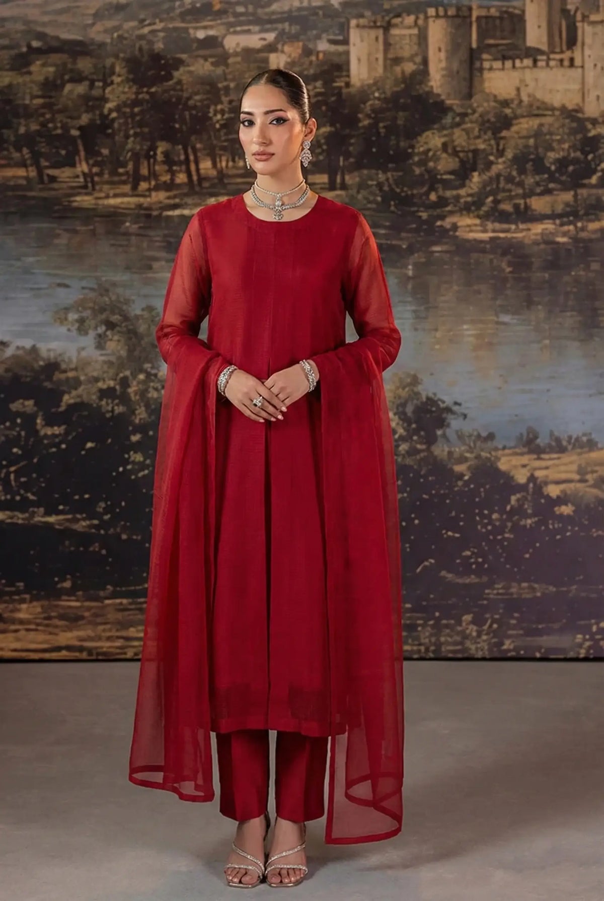 Ruby Red Elegant Front Slit Chiffon Frock Set