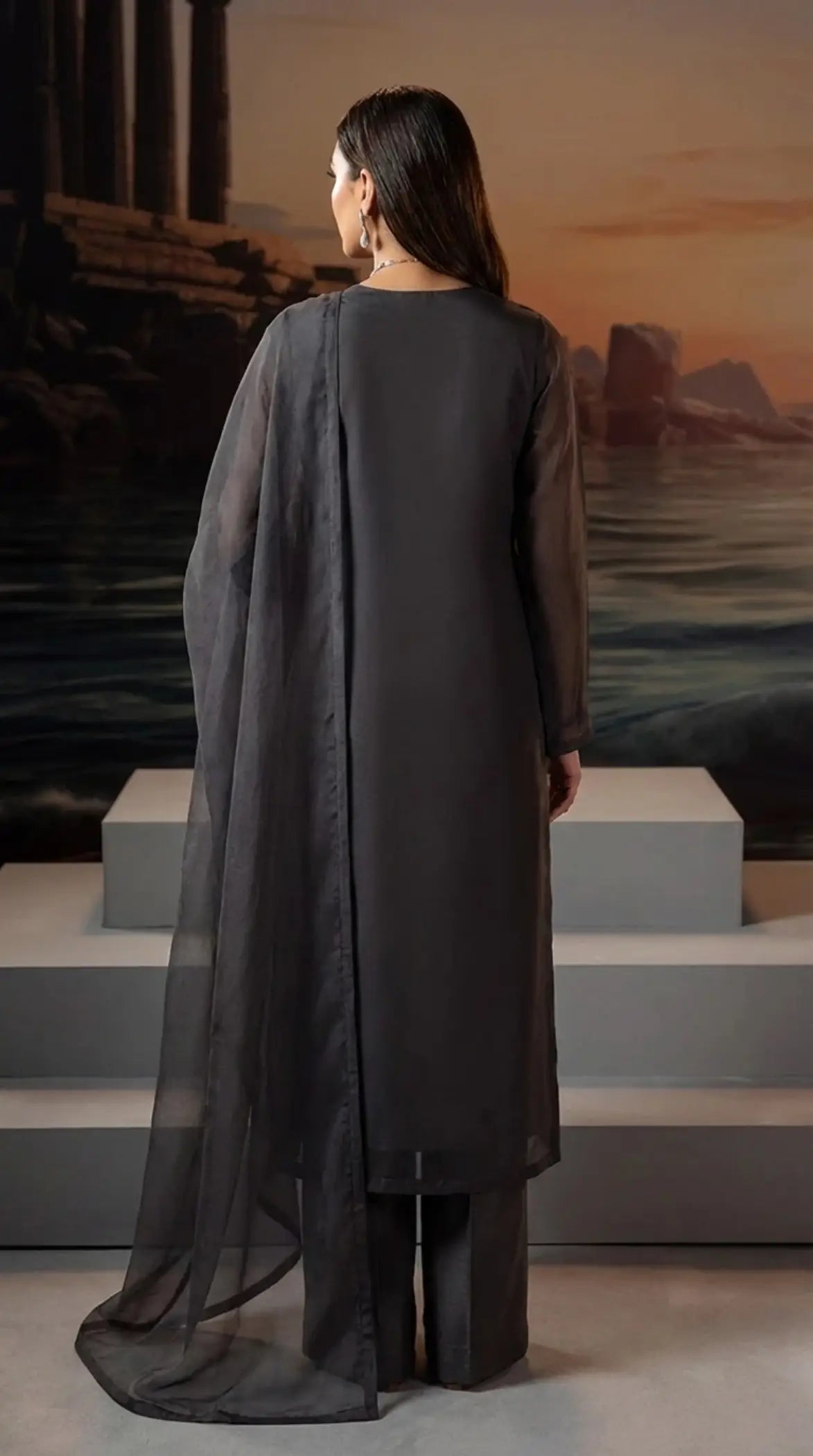 Anthracite Coal Front Slit Chiffon Frock Set