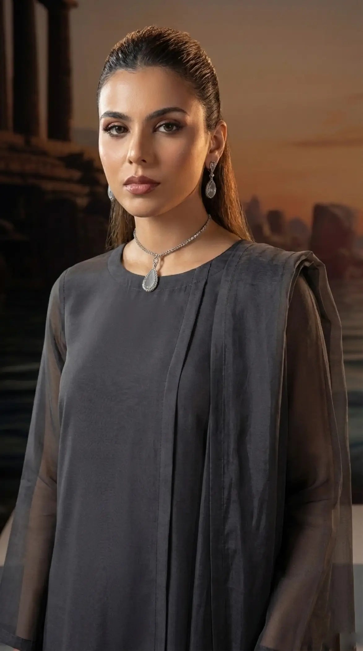 Anthracite Coal Front Slit Chiffon Frock Set