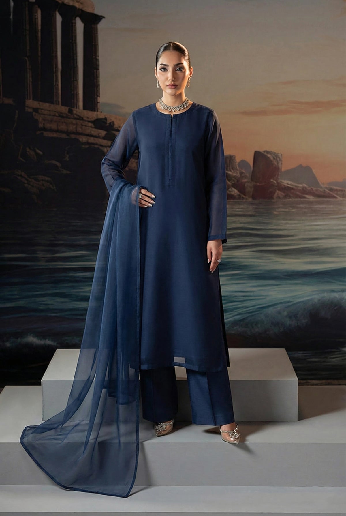 Midnight Blue Front Slit Chiffon Frock Set