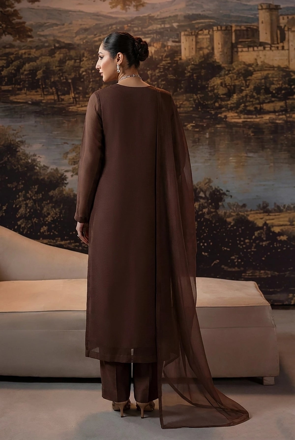 Chocolate Truffle Front Slit Chiffon Frock Set