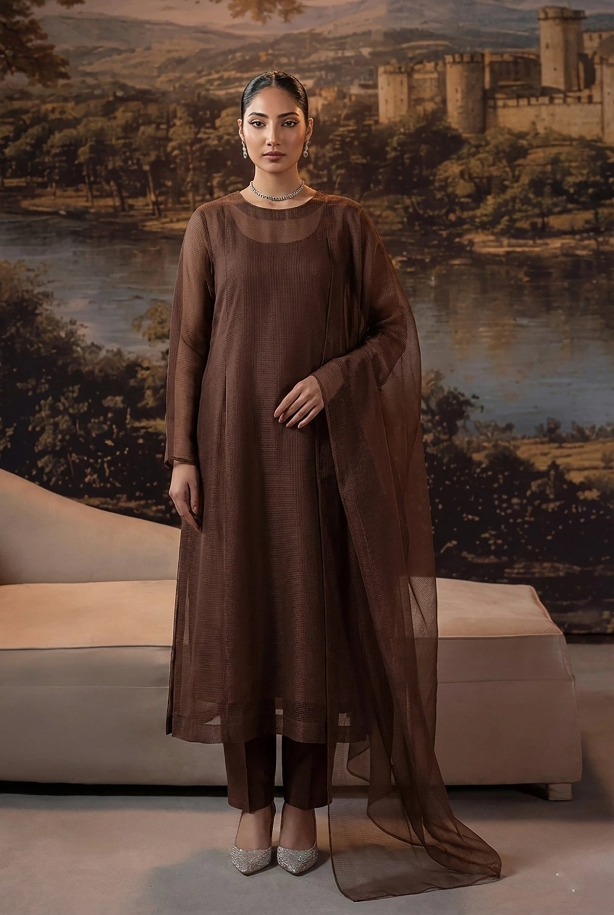 Chocolate Truffle Front Slit Chiffon Frock Set