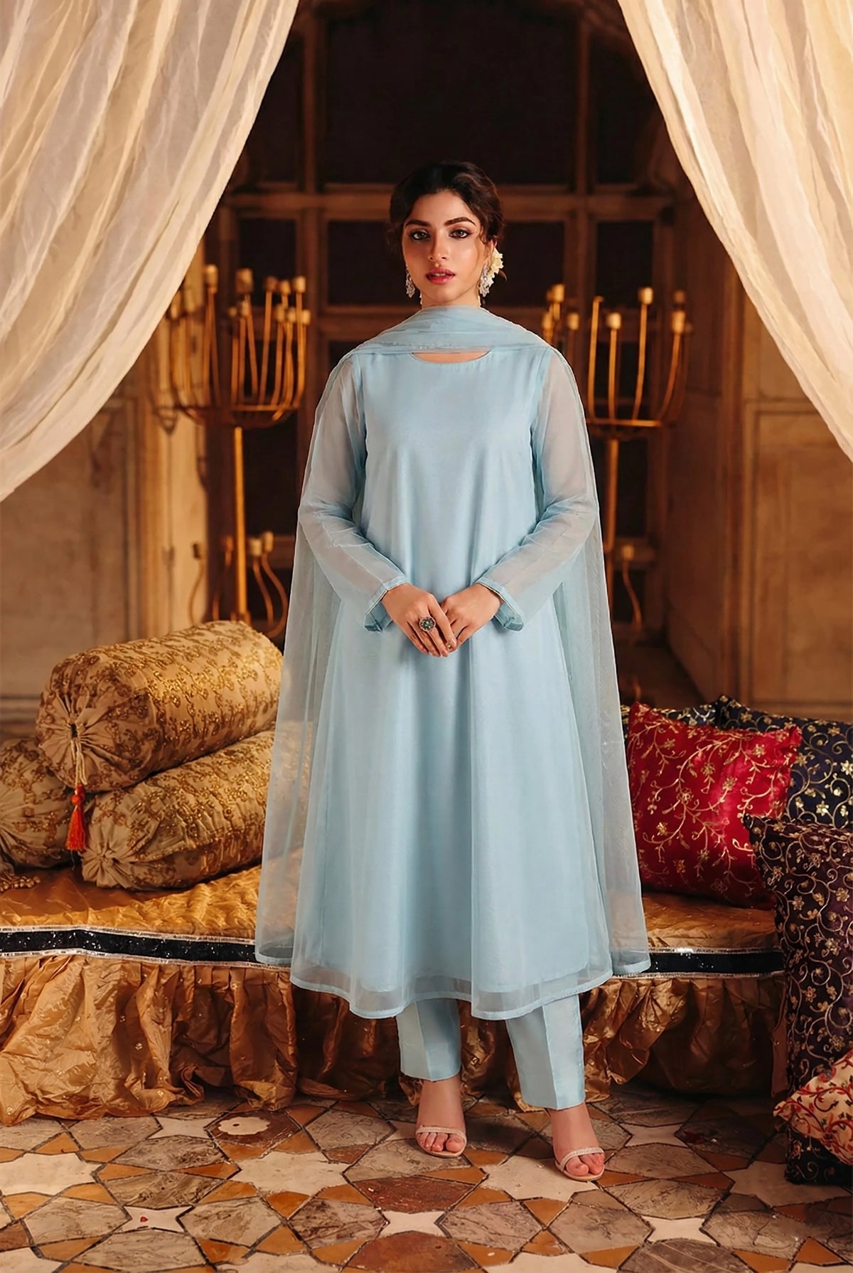 Rozaib Aqua Mist Soft Panel Long Dress – 3 Piece Set