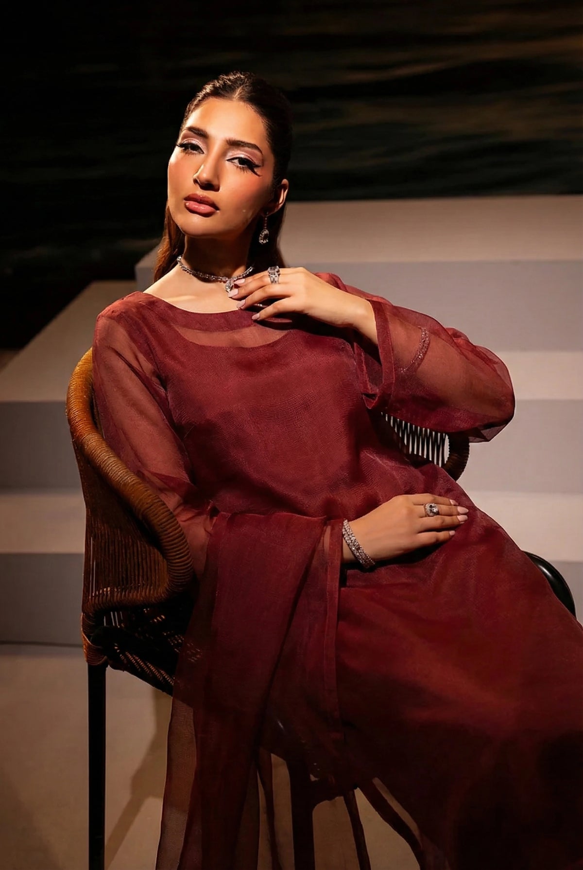 Burgundy Sienna Front Slit Chiffon Frock Set