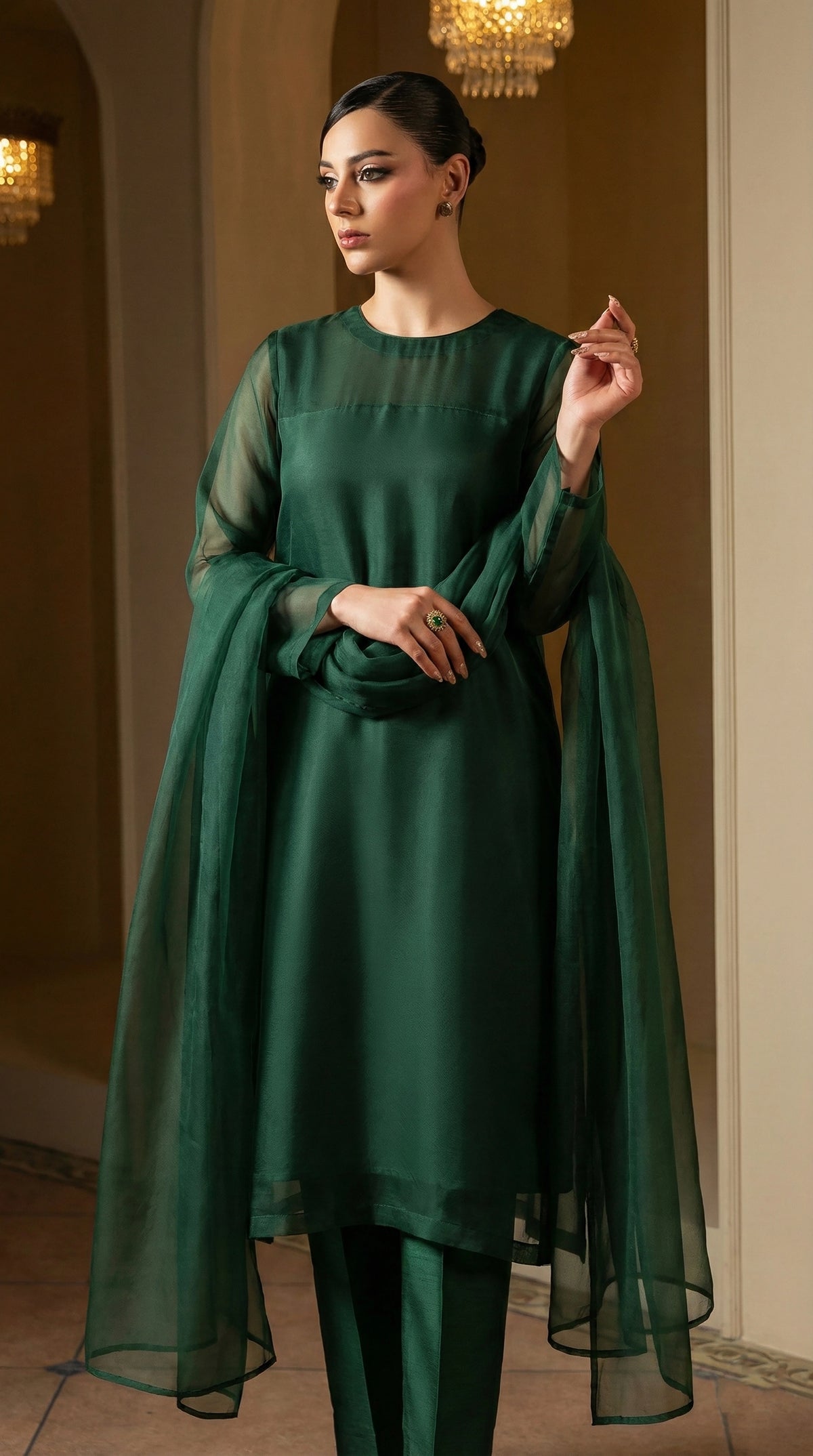 Forest Green Luxury Chiffon Front Slit Frock Set