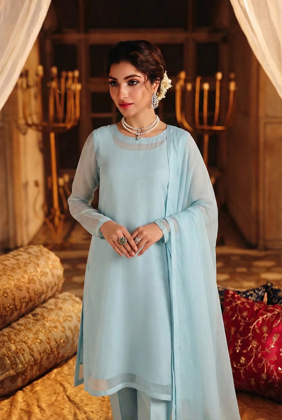 Rozaib Aqua Mist Soft Panel Long Dress – 3 Piece Set