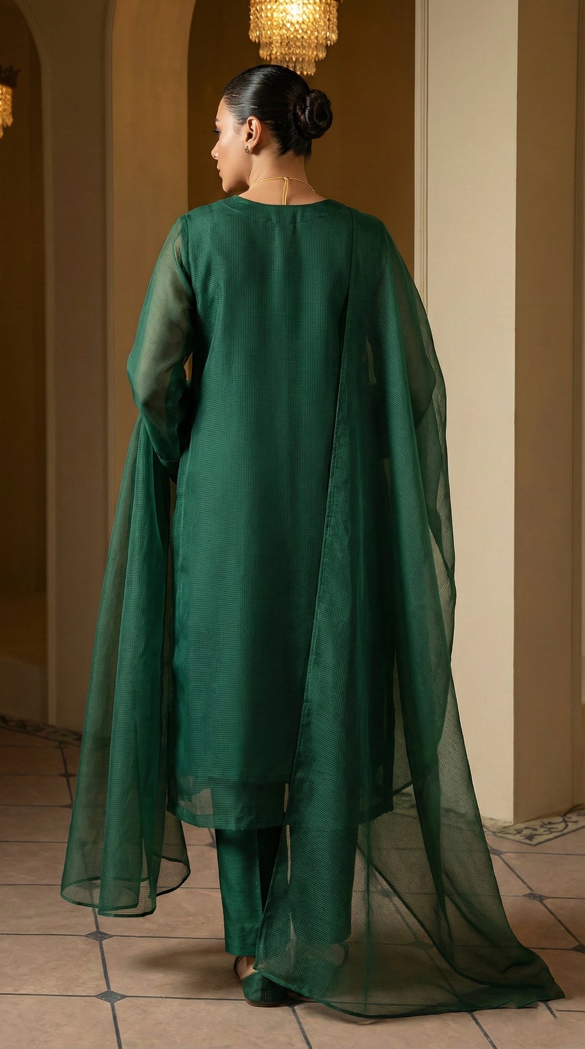 Forest Green Luxury Chiffon Front Slit Frock Set