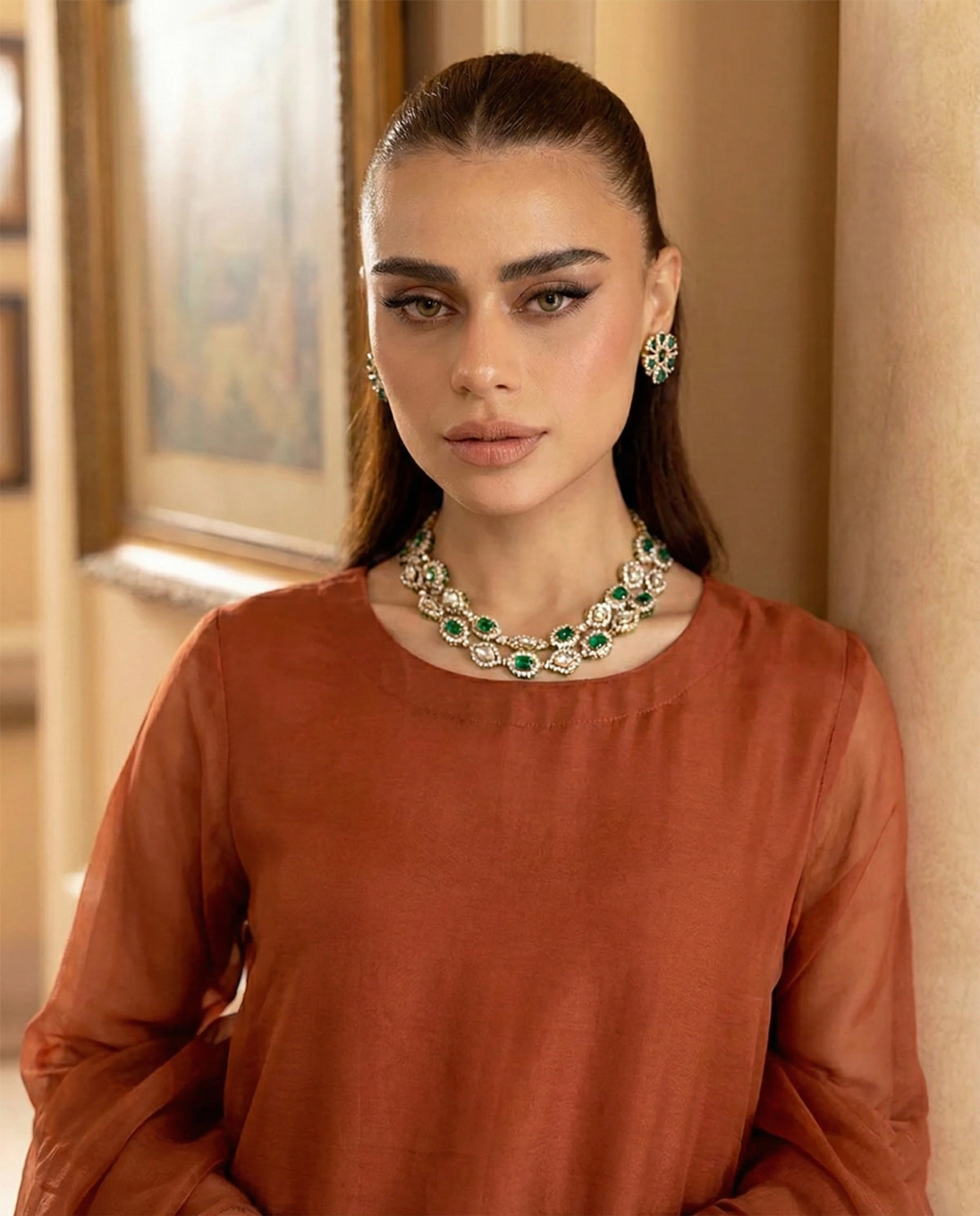 Burnt Sienna Luxury Chiffon Front-Slit Frock Set