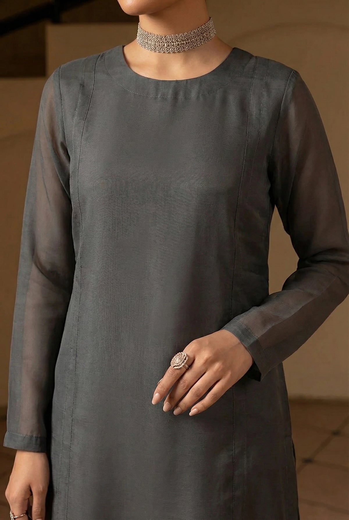 Charcoal Grey Front Slit Chiffon Frock Set