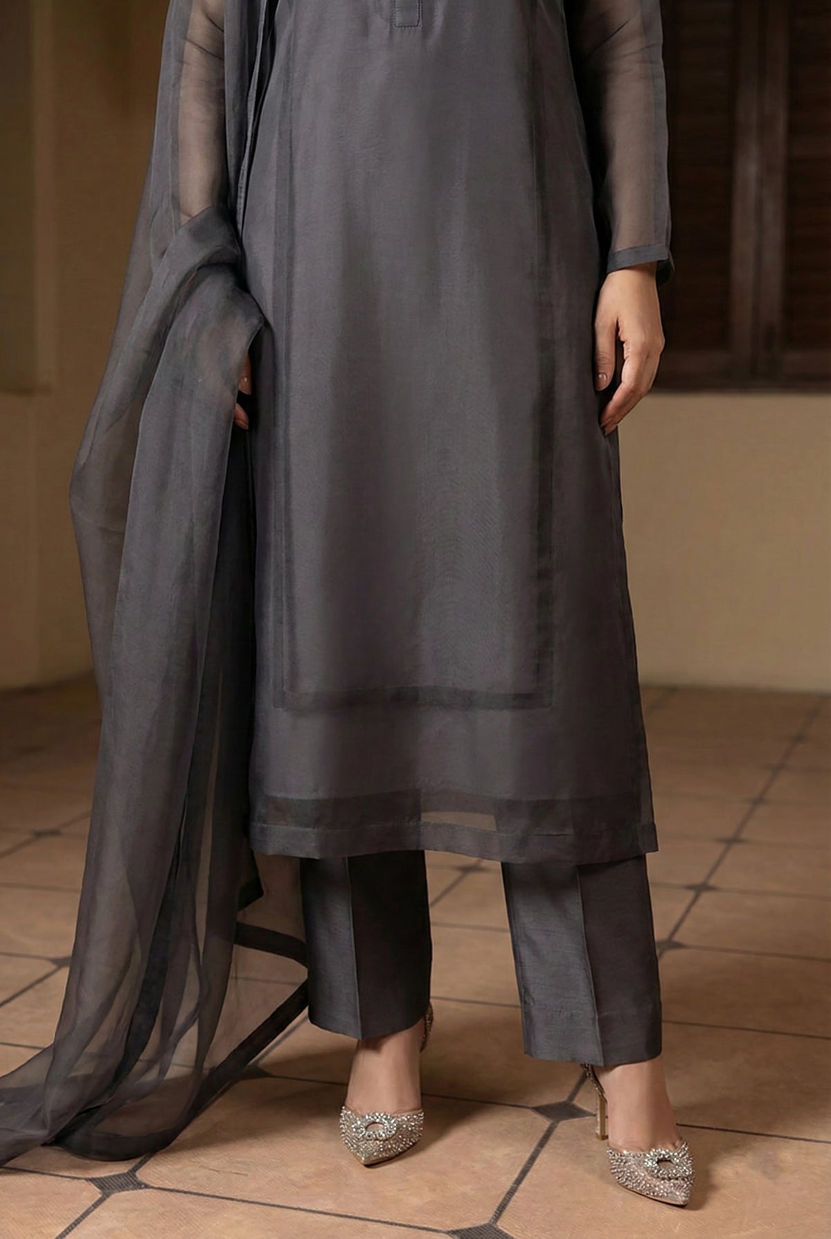 Charcoal Grey Front Slit Chiffon Frock Set