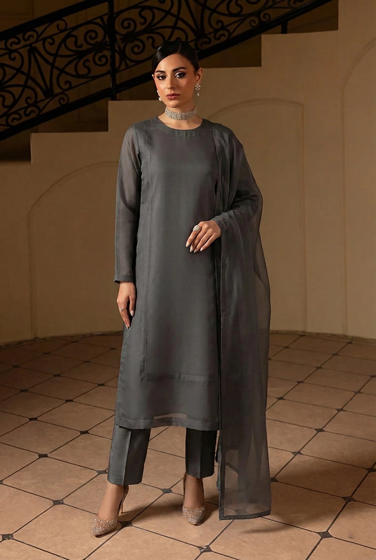Charcoal Grey Front Slit Chiffon Frock Set
