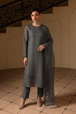 Charcoal Grey Front Slit Chiffon Frock Set