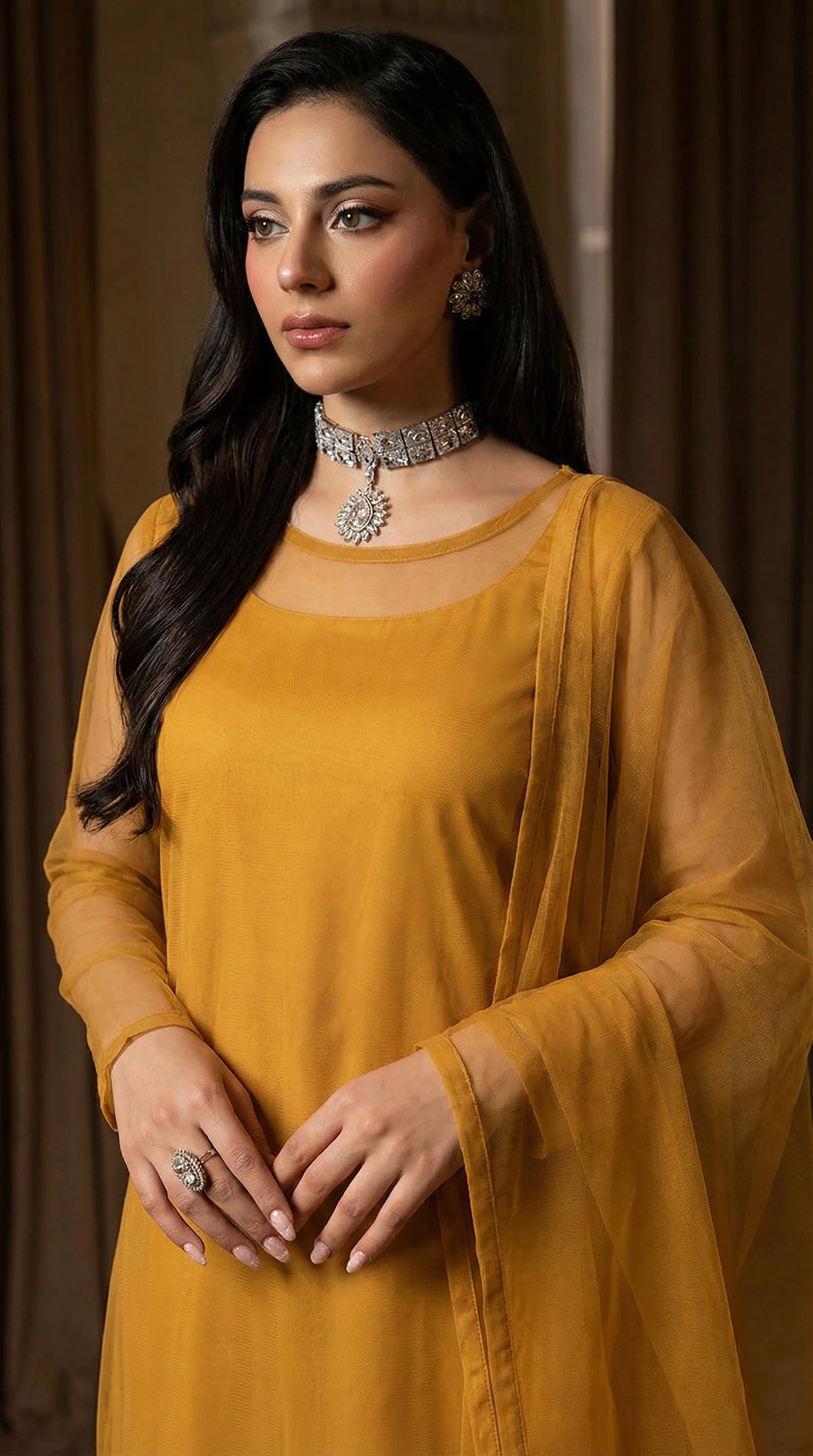 Mustard Yellow Elegant Front Slit Chiffon Frock Set