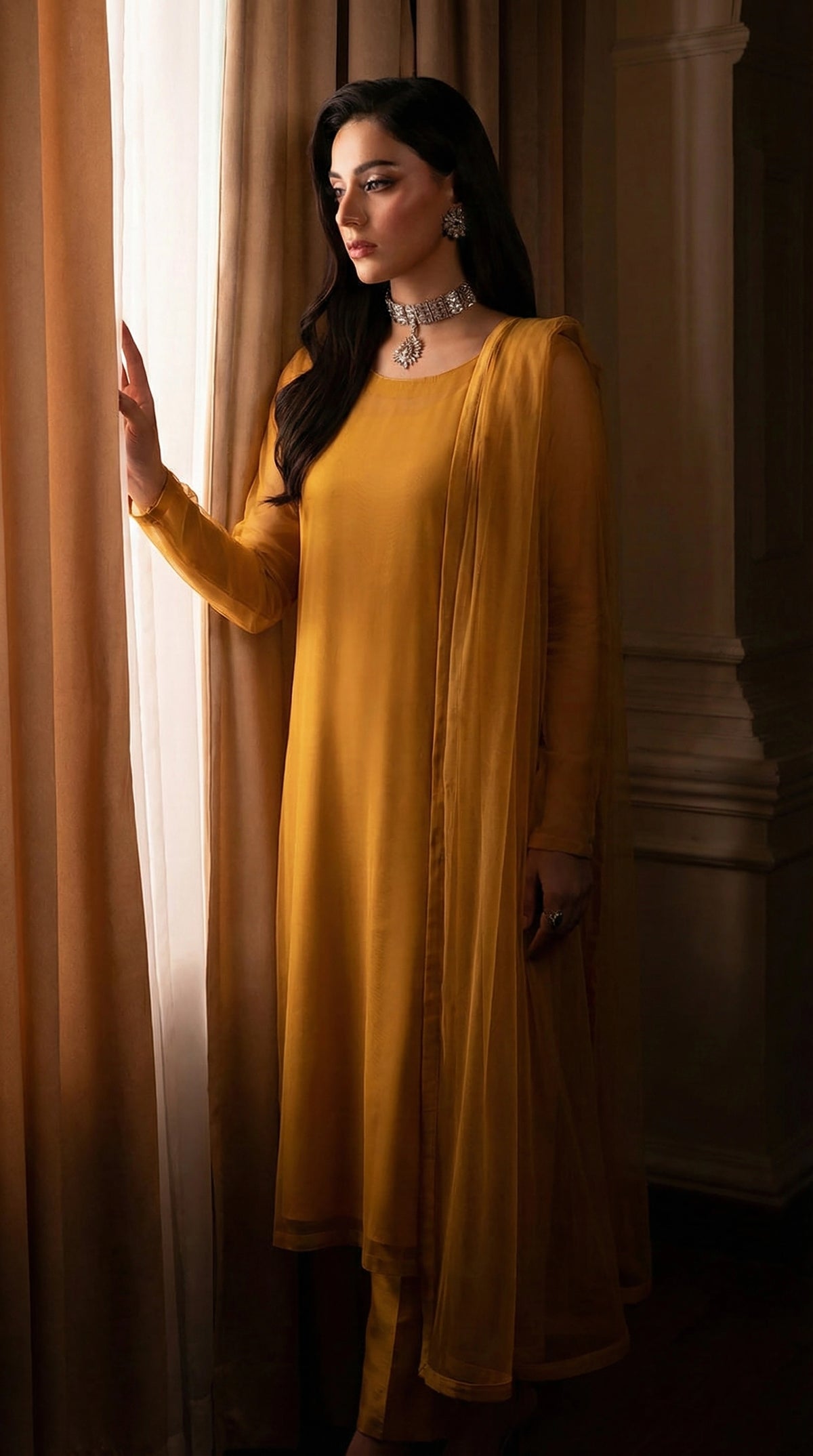 Mustard Yellow Elegant Front Slit Chiffon Frock Set