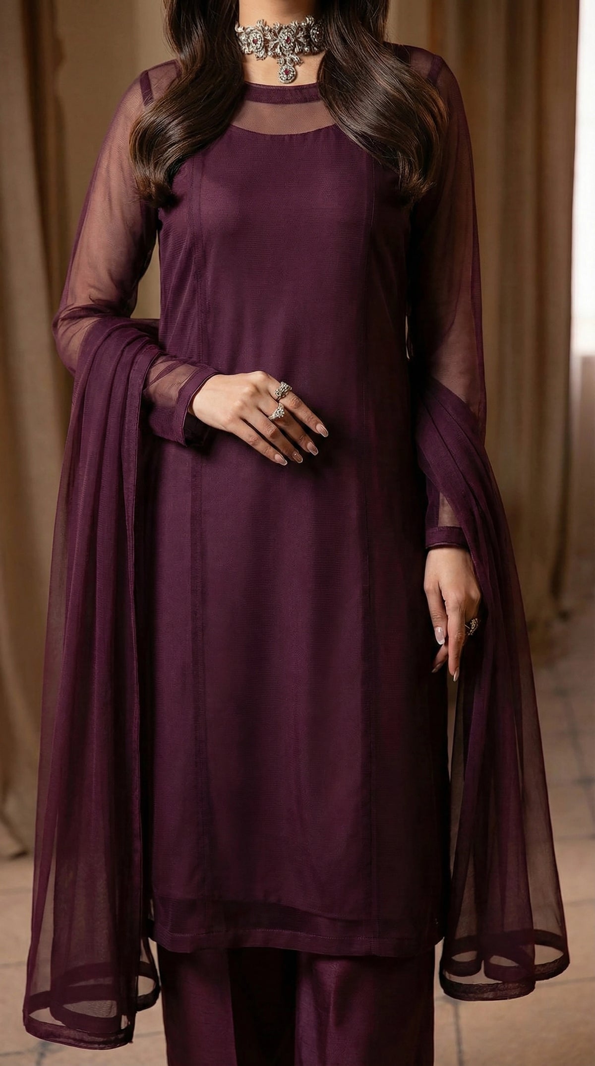 Plum Front Slit Chiffon Frock Set – 3 Piece