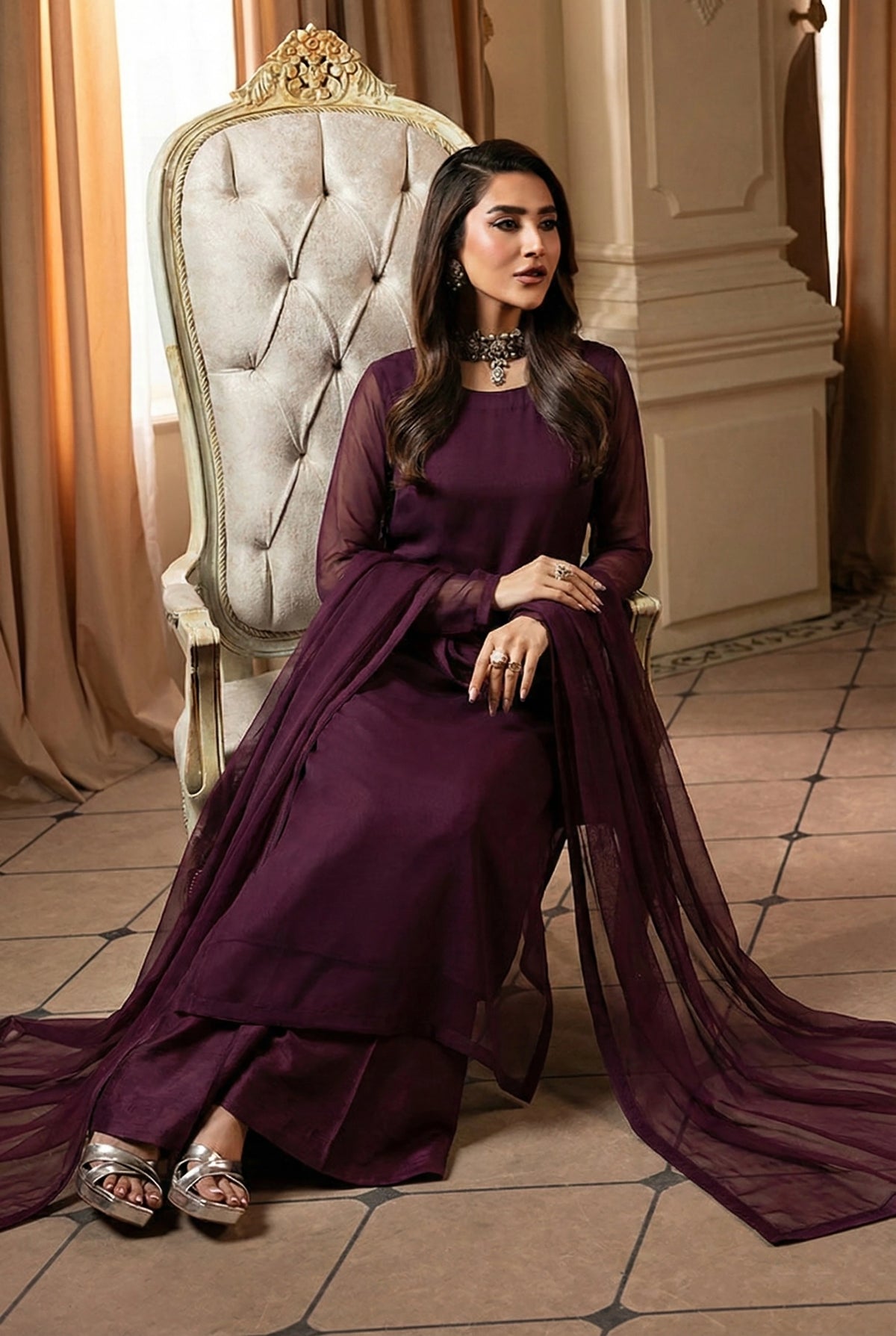 Plum Front Slit Chiffon Frock Set – 3 Piece