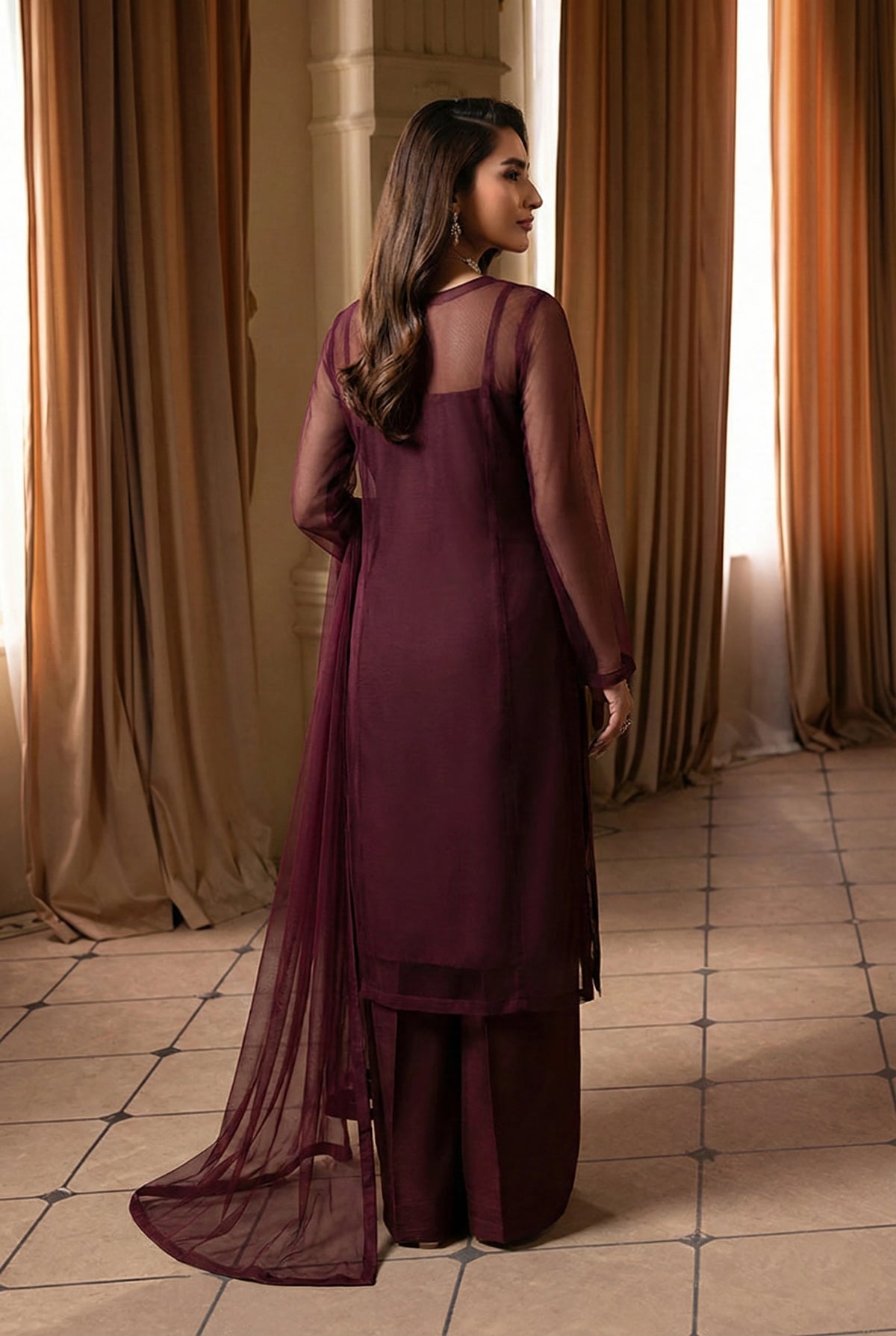 Plum Front Slit Chiffon Frock Set – 3 Piece