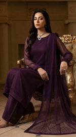 Eggplant Front Slit Chiffon Frock Set – 3 Piece