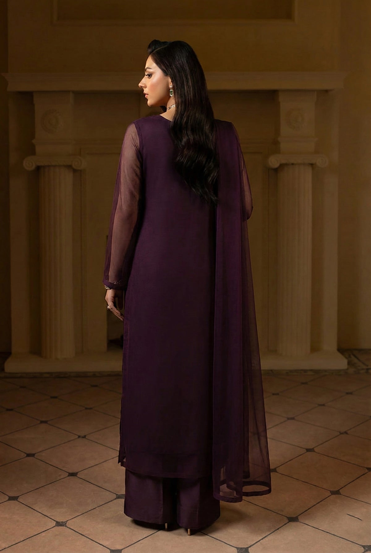 Eggplant Front Slit Chiffon Frock Set – 3 Piece