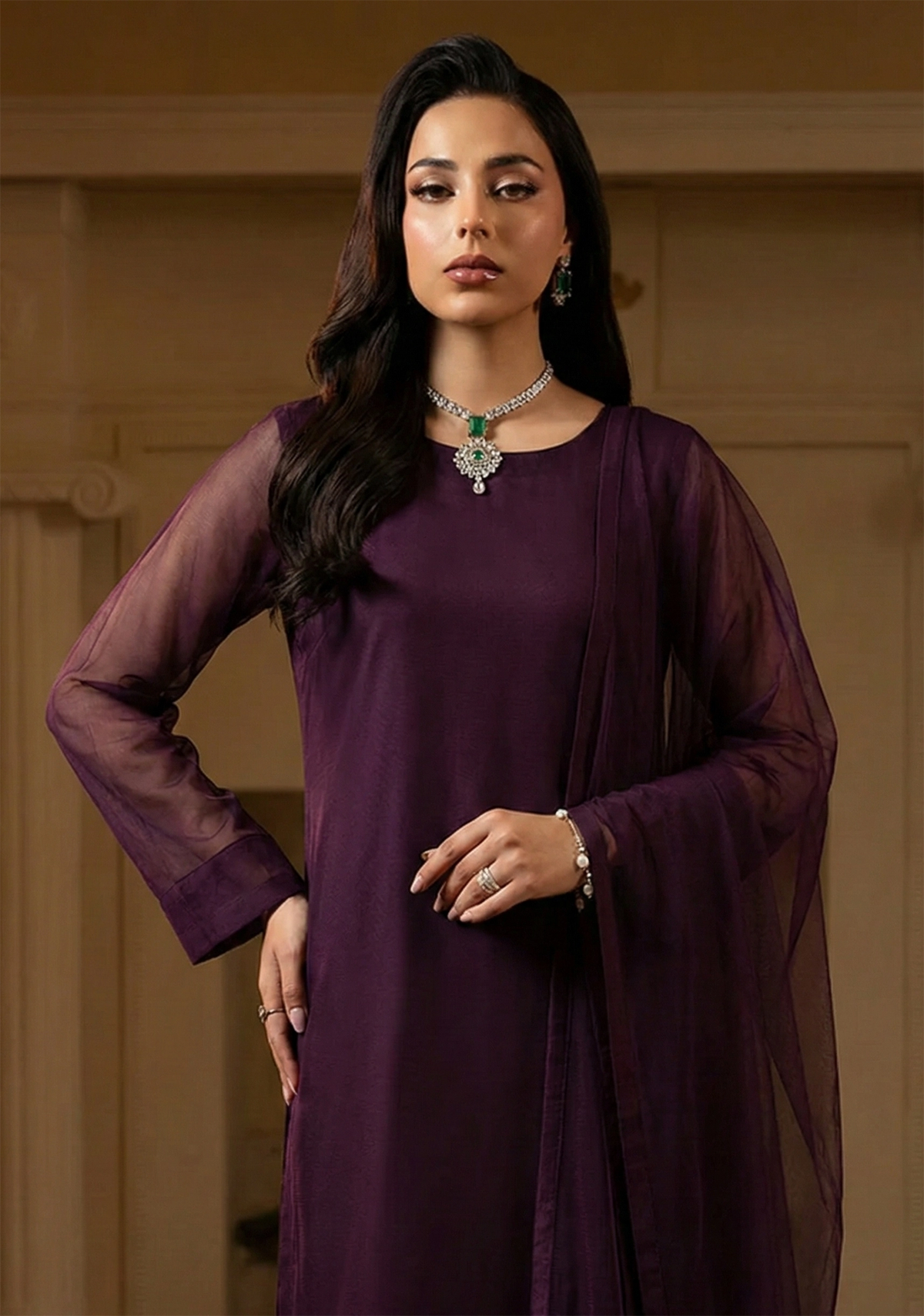 Eggplant Front Slit Chiffon Frock Set – 3 Piece